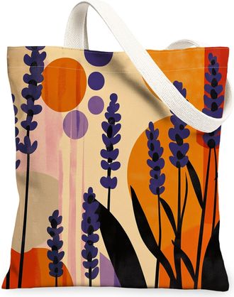 Generic Spring Aesthetic Lavender Canvas Tote Bag for Shopping 13x15, Funky Retro Floral Reusable Grocery Print Bag for Women Men, Abstract Flower Aesthetic P