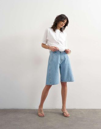 Topshop Jorts in denim a righe candeggiate-Blu