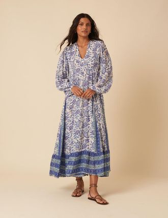 Nobody's Child Blue Woodblock Printed Aries Midi Dress