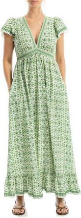 Max Studio Floral Flutter Sleeve Maxi Dress in Cream/Leaf Demask Reverie at Nordstrom Rack, Size X-Small