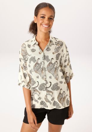 Aniston Hemdbluse ANISTON CASUAL, Damen, Gr. 36, wollwei&szlig;, schwarz, hellbraun, Web, Obermaterial: 100% Viskose, animal-print, bedruckt, oversize h&uuml;ftlang, Blu