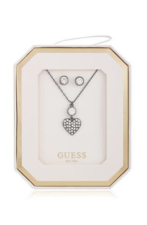 Guess Crystal Heart Pendant Necklace & Stud Earrings Set in Silver at Nordstrom Rack