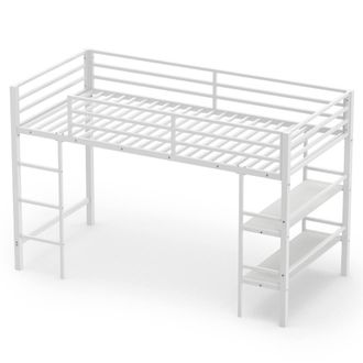 Costway Costway Single Size Metal Loft Bed Metal Bed Frame w/Guardrails & Shelves in White