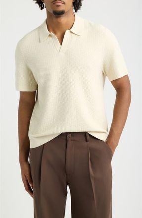 Open Edit Johnny Collar Textured Polo Sweater in Ivory Dove at Nordstrom, Size Xx-Large