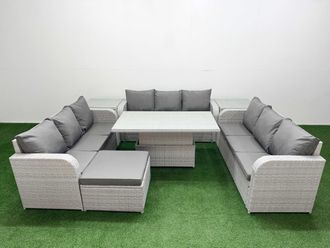 Fimous PE Rattan Lounge Sofa Set 10 Seater Outdoor Garden Furniture Set w/ Adjustable Lifting Dining or Coffee Table 3 Seater Sofa Big Footstool 2