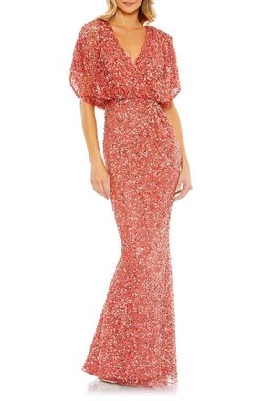 Mac Duggal Draped Sleeve Sequin V-Neck Gown in Paprika at Nordstrom, Size 18