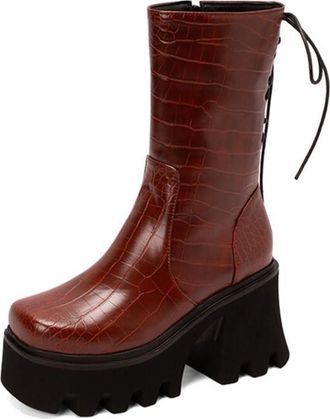 Generic Womens Square Toe Platform Mid Calf Boots Crocodile Print Back Lace Up Chunky Block Heels Comfortable Non Slip Durable for Daily Party Streetwear,Brow