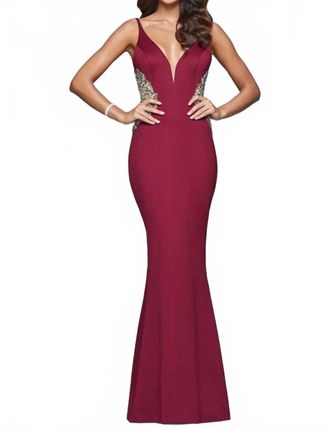Faviana Long Fitted Neoprene Dress With Beading At Side Waist And Open Back In Wine