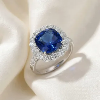 Pompeii3 6.93Ct TW Natural Diamond Cushion Ring 14k White Gold Lab Grown Sapphire Size: 7