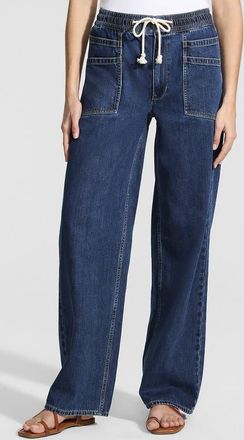 Lands End Lightweight Denim High Rise Relaxed Straight Pull On Pocket Jeans in Crawford Wash at Nordstrom, Size 14Short
