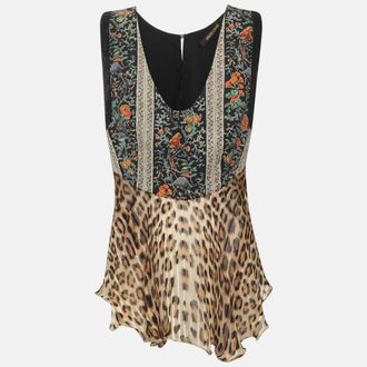 Roberto Cavalli Multicolor Floral And Leopard Printed Satin And Sequin Sleeveless Top
