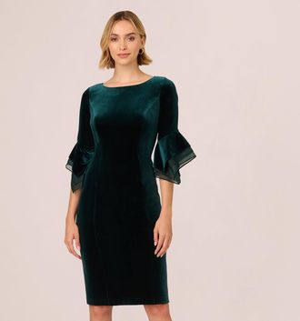 Adrianna Papell Velvet Sheath Dress With Tiered Three Quarter Sleeves In Hunter