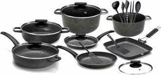 Olympia Batteria di Pentole 18 Pezzi in Alluminio Pressofuso Antiaderente Olympia Hard Cook