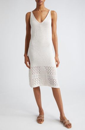 Eleventy Sequin Sleeveless Cotton & Linen Blend Pointelle Sweater Dress in White at Nordstrom, Size Xx-Large