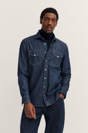 Bugatti Herren Jeanshemd in modern fit met Kent-kraag en van katoen