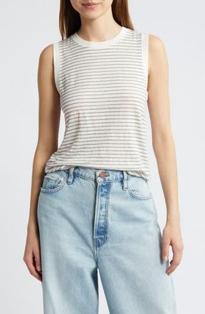 Frame Denim Stripe Organic Linen Muscle Tee in Green Gem Multi at Nordstrom Rack, Size X-Small