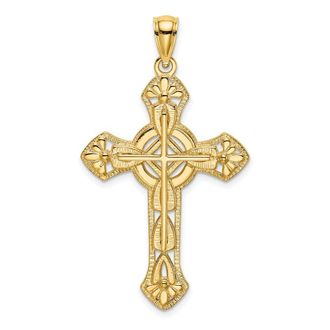 Diamond2Deal 14k Yellow Gold Cut-Out Floral Cross Pendant