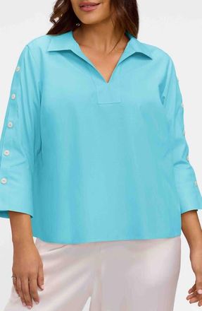 Foxcroft Lainey Button Accent Cotton Popover Top in Capri Blue at Nordstrom, Size 1 X