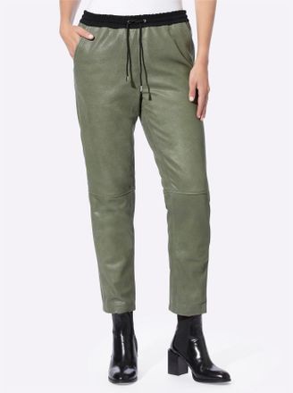 Heine Lederhose HEINE, Damen, Gr. 34, Normalgr&ouml;ssen, gr&uuml;n (khaki), 100% Lammnappaleder, Bund:5% Elasthan, 65% Viskose, 30% Polyester, unifarben, Hosen Leder