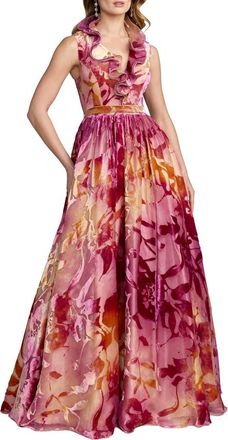 Mac Duggal Burnout Organza Ruffle V Neck Detail Ballgown in Orchid Multi at Nordstrom, Size 18