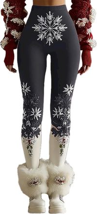 Generic Womens Christmas Print Leggings Funny Xmas Tree Snowflake Patterns Party Holiday Tights Trousers Stretchy Casual Fleece Lined Warm Pants Grey