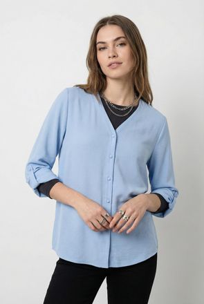Only Shirtbluse ONLY ONLJANA METTE V-NECK LS SHIRT NOOS WVN, Damen, Gr. XS, chambray blau, Web, Obermaterial: 100% Polyester, unifarben, regular fit normal