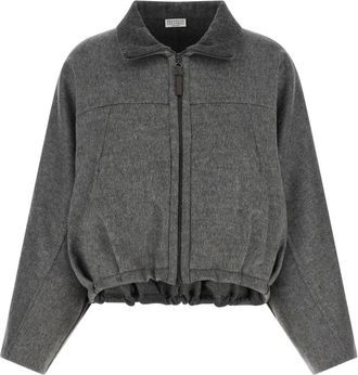 Brunello Cucinelli M&eacute;lange Virgin Wool Jacket With Foldable Turtleneck - Dames - Zomerjassen - Grijs - M - Wol - Jassen