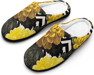 Generic Yellow Chrysanthemum Flowers Stripes Slippers Men Winter Warm Cotton Anti-Slip Indoor Slip-Ons House Shoes