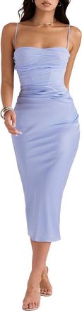 House of CB Teia Mixed Media Satin Georgette Midi Dress in Sky Blue at Nordstrom, Size Large