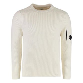 C.P. Company Round-neck Knitwear, male, White, Size: S Crew-neck sweater with logo patch