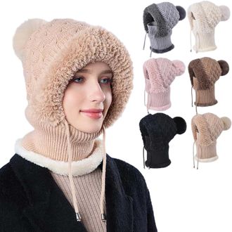 Generic 3 in 1 Winter Hats for Women, 3 in 1 Beanie Hat with Scarf and Mask, Thick Plush-Lined, Winter Warm Knitted Hats Wind Resistant Hooded Scarf (Khaki)