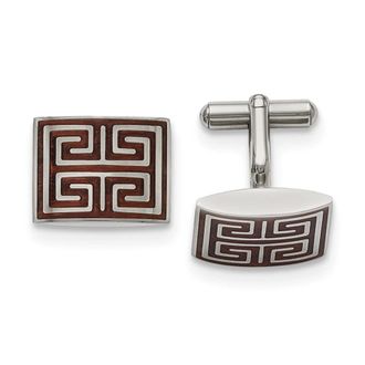 Diamond2Deal Stainless Steel Polished Koa Wood Inlay Rectangle Cufflinks