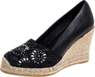Le Silla Black Leather And Suede Embellished Wedge Espadrille Pumps