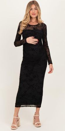Pinkblush Floral Flocked Mesh Long Sleeve Midi Dress in Black at Nordstrom, Size Medium