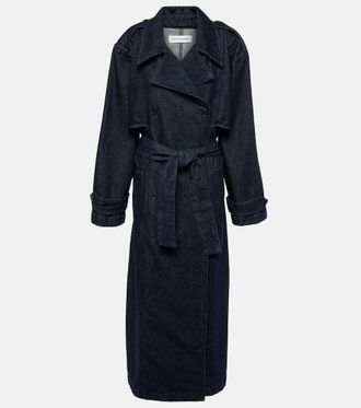 Streetwear Trench Elegante Trench Lungo In Denim Da Donna Elegante Colletto Con Bottoni Con Giacca Lunga In Denim Con Cintura