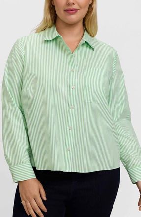 Foxcroft Jodie Stripe Cotton Button-Up Blouse in Mojito Green at Nordstrom, Size 3X