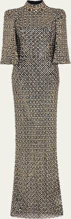 Jenny Packham Sedona 3/4-Sleeve Rhinestone Gown