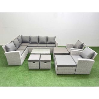 Fimous 10 Seater Garden Outdoor pe Rattan Furniture Set Rattan Garden Sofa Set with 2 Big Footstools 2 Chair Light Grey Mixed - Fimous