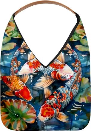 Generic Koi Fish Pink Lotus Reusable Lightweight Grocery Bags - Foldable Into Compact Pouch, Washable & Sturdy, Multipurpose for Shopping and Travel