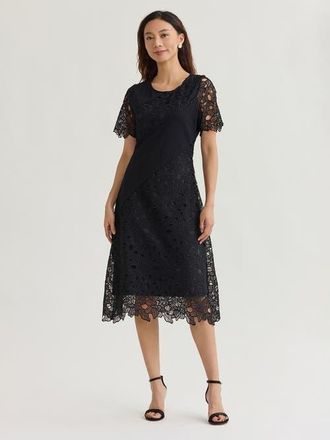 Misook Fit & Flare Lined Laced Mixed Media Midi Dress in Black at Nordstrom, Size Xx-Large