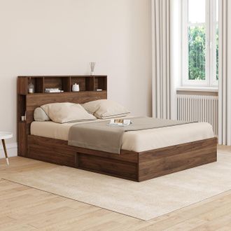 IDMarket Cama Doble Clem Con Espacio De Almacenamiento + Cabecero Y Somier De 140 X 190 Cm Efecto Nogal