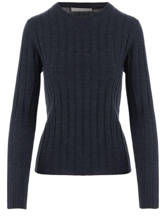 Allude Navy Ribbed Crewneck Wool Sweater