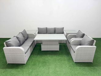 Fimous PE Rattan High Back Lounge Sofa Set Patio Adjustable Lifting Dining or Coffee Table & Chairs Set w/ 3 Seater Sofa Reclining Chair 2 Side Table
