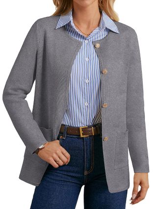 Grace Karin Ladies Winter Elegant Button-up Cardigan Long Sleeve Crew Neck Knitwear Sweater Gray XL