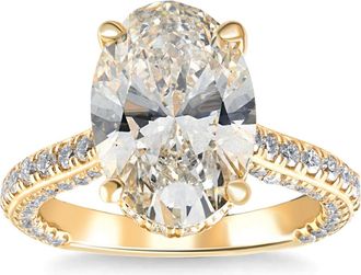 Pompeii3 8.90Ct TW Oval Moissanite Lab Grown Heirloom Engagement Ring 14k Yellow Gold