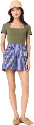 Maje Embroidered striped cotton shorts in White/blue at Nordstrom, Size 40 Eu