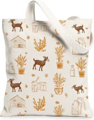 Generic Farmhouse Goat Canvas Tote Bags, Rustic Animal Pattern Reusable Grocery Bags, Autumn Vintage Linen Lightweight Washable Sho, Beige, 13x15 Inch