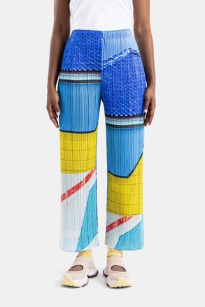 Pleats Please Issey Miyake Womens Pleated City Collage Trousers Blue-Yellow