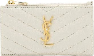 Saint Laurent White Matelasse Grain De Poudre Leather Monogram Fragments Zipper Card Case (Authentic Pre-Loved)