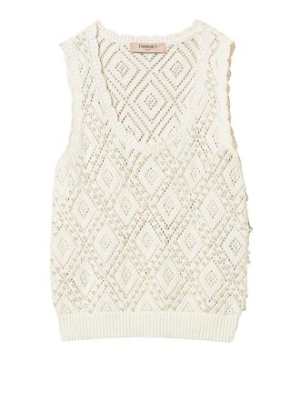Twin-Set Openwork Knit Top with Pearl Embellishments